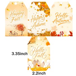 100 Pcs Happy Fall Gift Tags 2.2×3.35 inch Hello Autumn Gift Label Tags with Strings for Present Wrapping, Wedding, Thanksgiving Day Autumn Holiday Party Favors(4 Designs)