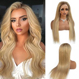 13x6 Highlight Lace Front Wigs Human Hair 24 Inch Ombre Brown Straight Lace Frontal Human Hair Wig Pre Plucked HD Transparent Light Blonde Mix Golden Blonde Balayage Ombre Lace Front Wigs for Women