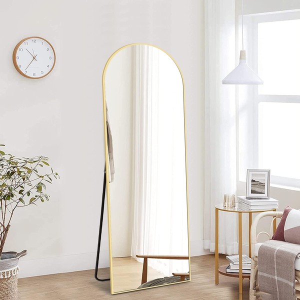 NISHCON Arched Full Length Mirror 64"x21", Gold Frame Floor Mirror with Stand, Free Standing Wall Mounted Leaning Mirror, Full Body Mirror for Bedroom Living Room Vanity Entryway Dressing