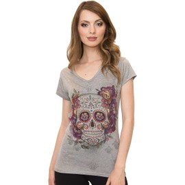 Made in USA - Sugar Skull Shirts for Women - V Neck T Shirt Tee - Beautiful Quality Print Decorated with Rhinestones