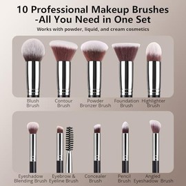 BEAKEY Juego de brochas de maquillaje, base profesional, corrector de sombra de ojos, aplicador bronceador en polvo, 2 esponjas de licuadora con estuc