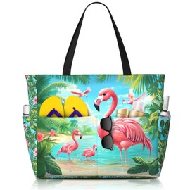 Pink Flamingo Beach Bags for Women Cute Colorful Waterproof Sandproof Women Tote Bag with Zipper for Gym Weekend Travel Vocation Pool Bags