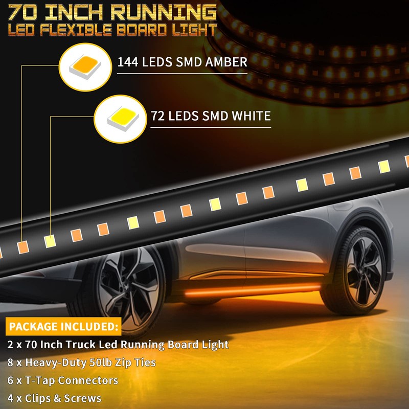 Afurkuot 70" LED Running Board Lights, White & Amber Light