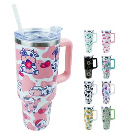 Lumumanber 40 oz Tumbler with Handle and Straw, Stainless Steel Insulated Cup with Leak Proof Lid and Straw Lid, Keep Drinks Cold and Hot for Hours（Strawberry Cow）