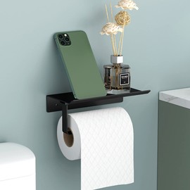 Newaner Space Aluminium Toilet Roll Holder with Spacious Shelves, Toilet Roll Holder Wall Mount for Toilet and Kitchen, No Drilling with Shelf (Black)