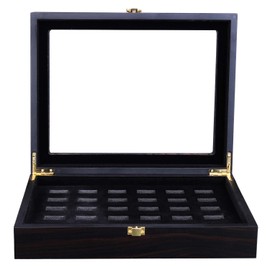 RECHIATO Sports Ring Display Case Sports Ring Storage Box Wooden Black Velvet Lining Flat (30 Slots, Flat)