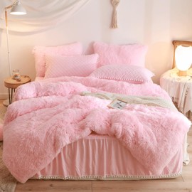 HAIHUA Soft Plush Pink Comforter Set Queen - 3 Piece Fluffy Faux Fur Set With High Elastic Fiber Filling (1 Comforter + 2 Shaggy Pillow Cases) Full/Queen Size