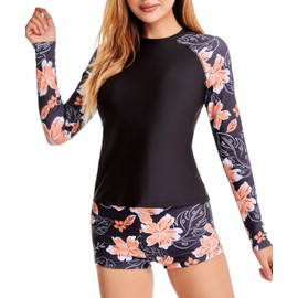 Mexholin Rash Guard for Women Sun Protection UPF 50+ Quick Dry Long Sleeve Swimsuits Built in Bra Pink Flower XXL