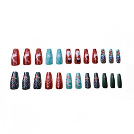 Christmas Press on Nails Long Square Fake Nails with Christmas Tree Designs Xmas Gloss False Nails Full Cover Stick on Nails Acrylic Winter Red Artificial Nails for Women Glue on Nails