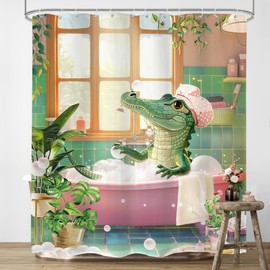 LIGHTINHOME Funny Alligator Shower Curtain for Kids 60Wx72H Inches Cute Animal Bathing in Bathtub Hilarious Gator Bathroom Decor Cloth Fabric Waterproof Polyester Bathroom Home Decor Set with Hooks