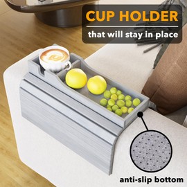 SpaceAid Bamboo Couch Cup Holder, Anti Falling Foldable Sofa Armrest Tray with Cup Holder, Couch Arm Side Table Organizer for Drink Cup Remote Snacks (Gray)