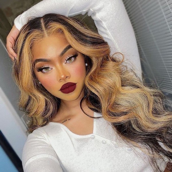 427 Lace Front Wigs Human Hair for Women T-Part Body Wave Brazilian Highlight Ombre Color Lace Wigs Pre Plucked with Bleached Knots (20 Inches 150 Density)