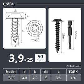 Dayalo Pack of 50 self-tapping screws, 3.9 x 25 mm, black, stainless steel flat head with disc Torx screws, self-tapping screws, drilling screws, wood screws, lens head, full thread, with drill