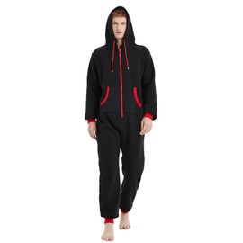 Focupaja Adult Romper Pyjamas Jumpsuit with Hood with Pockets Zip Up Onesie Christmas Family Suitable Sleepwear Loungewear for Women and Men, Black and red zip