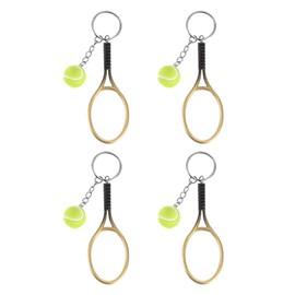 [PATIKIL] テニスキーチェーン 4個のミニテニスラケットキーチェーンキーリングテニスボールかわいいスポーツキーリング スポーツ愛好家向け 金色トーン
