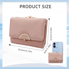 Funincrea Small Wallets Woman, Faux Leather Trifold Ladies Wallet Kiss Lock Coin Purse for Women with 5 Card Slots and Metal Snap Closure (Pink)