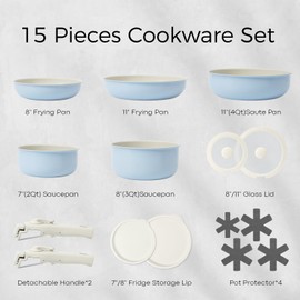 15Pcs Pots and Pans Set Non Stick, Cookware Sets with Detachable Handle, Nonstick RV Kitchen Cooking Set Removable Handles, Oven Safe, Induction Fast, Stackable Non-stick Set, Blue