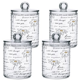 xigua 2 Pack Love Daisy Flower Apothecary Jars with Lid, Qtip Holder Storage Containers for Cotton Ball, Swabs, Pads, Clear Plastic Canisters for Bathroom Vanity Organization (10 Oz)