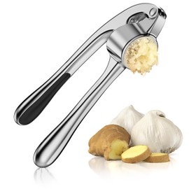 Arendo - Stainless Steel Garlic Press Ginger Press - Zinc Alloy - Easy Grip Great Leverage - Includes Garlic Peeler and Cleaning Brush - Garlic and Ginger