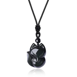 COAI Men's Women's Fox Pendant Black Obsidian Stone Necklace