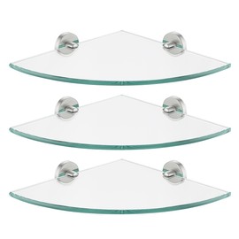 JQK Corner Glass Shelf, Brushed Steel Bathroom 304 Stainless Steel Shower Triangle Floating Wall Shelf, 10 x 10 Tempered Glass, 3 Pack, TGS190L10-BN-P3