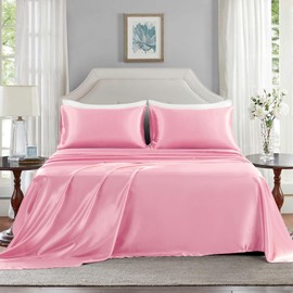 GOLAL Satin Sheets Queen Size - 4 Pieces Luxury Silky Soft Bed Sheets, Wrinkle-Free Light Pink Satin Silk Sheet Set with 1 Deep Pocket Fitted Sheet, 1 Flat Sheet, 2 Pillow Cases