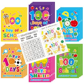 100th Day of School Activity Books for Kids - 24Pcs Happy 100 Days Mini Games Coloring Book Set Bulk Mazes Word Search Word Scramble Games for School Classroom Reward DIY Art Gifts Party Favors