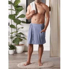 DII Men's Terry Shower Wrap Collection Adjustable with Velcro and Pocket, 54x20, Stonewash Blue