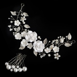 11 Pcs Bridal Hair Accessories Set, Bride Headband Rhinestone Handmade, Pearl Hair Pins Pearl Headband U-Shaped, Prom Hair Accessories Silver Leaf Flower, Suitable for Women and Girls