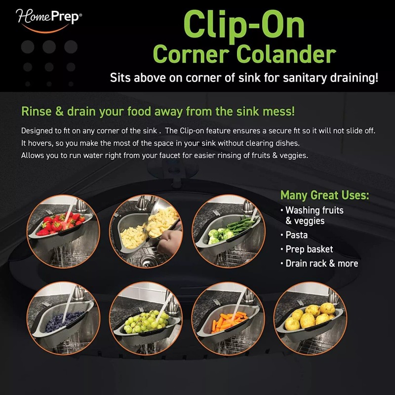 HomePrep Clip Colander, Anti-Slip, Sink Corner Strainer Machine Washable Drain