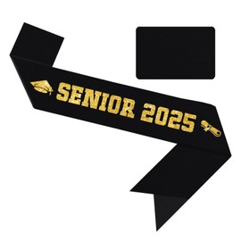 Vuzvuv Senior 2025 Graduation Sash, Black Satin Sash with Glitter Gold Fonts and Mortarboard & Certificate Pattern Design, 2025 Graduation Decoration for Class 2025 Graduates