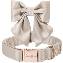 Unique Style Paws Silk Champagne Color Adjustable Durable Dog Collar with Bow Wedding Bow Tie for X-Large Dogs