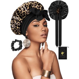 SUTIYO Satin Schlafhaube zum Schlafen, Doppelseitig Seidenhaube Zum Schlafen, Verstellbare Schlafmütze, Haarhaube für Locken, Silk Bonnet für Damen und Mädchen(Leopardenmuster/Schwarz)