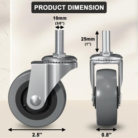 6 Pack Creeper Wheels 2.5 Inch Heavy Duty Swivel Caster Wheel Creeper Castors Replacement for Creeper Service Cart Stool Post Mount, M10 (Around 3/8") x 1" Metric Threaded Stem Casters Wheels