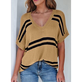 SHEWIN Short Sleeve Sweater for Women Causal Crewneck Summer Tops Loose Knit Oversized Sweaters Lightweight Womens Tops Brown Medium