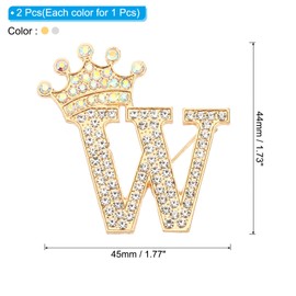 PATIKIL Letter Brooches Pins, Pack of 2 Crown Initial Rhinestone Alphabet W Letter Lapel Pins for Women's Suits Dresses Coat Clothing Crafts, Gold/Silver Tone