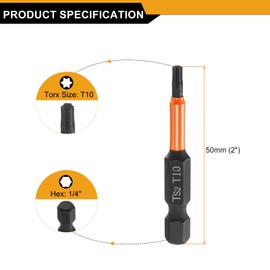 sourcing map 5pcs T10 Torx Head Screwdriver Bit 2" (50mm) Long 1/4" Hex Shank Magnetic No Hole Tamper Proof 6 Point Star Screw Driver Drill Bits Phosphate S2 Steel Industrial Power Tools