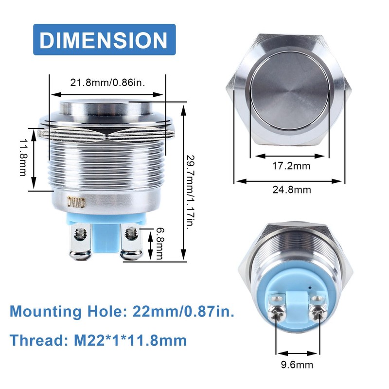2-Pack 22mm Momentary Metal Waterproof Push Button Switch 7/8" Mounting