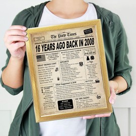 16th Birthday Decorations Framed for Girls Boys, Classy Vintage Table Decor, Birthday Card Poster for Him or Her Turning 16 Years Old, Back in 2008 Print (Gold Frame)