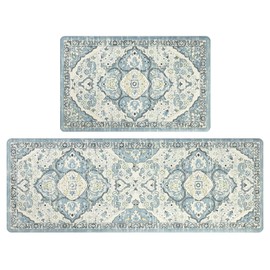 Ileading Kitchen Anti Fatigue Mat Set of 2 Non Skid Waterproof Kitchen Floor Mat Vintage Cushioned Comfort Standing Mat Boho Kitchen Rug Runner for Kitchen Sink Laundry, 17"x47"+17"x28", Lake Blue