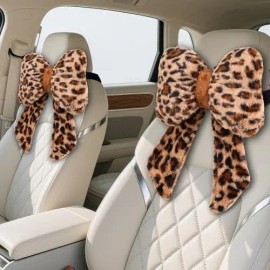 2 Pack Bow Car Headrest Pillows Plush Neck Pillows for Travel Driving Office Chair Head Support Cushions Cute Car Accessoriessize: 13.94 x 11.1 x 1.34 inches, color: Leopard print