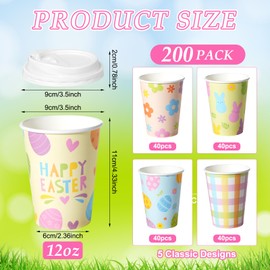 200 Set Easter Disposable Coffee Cups with Lids, Bulk 12oz Colorful Eggs Paper Cups, Happy Easter Coffee Cups for Hot Chocolate Cold Drinks Spring Holiday Party Supplies Decorations