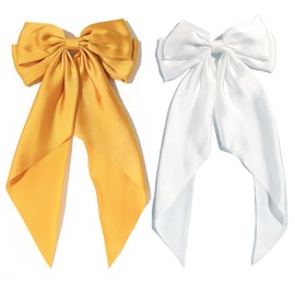 SUSULU Large Hair Bow Clips for Women Ginger Yellow Hair Bow White Hair Bow Slides for Girls Satin Hair Barrettes with Long Ribbon Tail,Wedding Birthday Women Hair Accessories Pack of 2