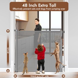 48 Inch Extra Tall Dog Gate, Extends to 55" Wide, Extra Tall Retractable Baby Gates for Doorways Pet Gate Indoor Mesh Cat Gate - Upgraded Height to Prevent Jumping Over, Gray