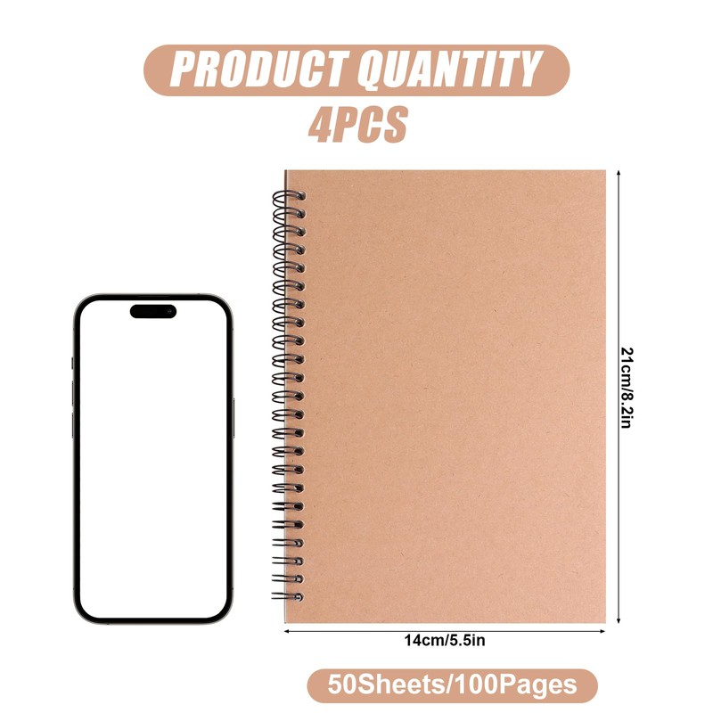 ABCDPP 4 Packs Spiral Notepad A5, A5 Notebook, 100 Pages/50