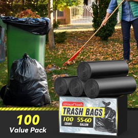 Wowflash 100 Count 55-60 Gallon Trash Bags, Sturdy & Tear-Resistant Commercial Can Liners 55 Gallon, Large Garbage Bags, Large Black Trash Bags for Commercial, Lawn and Leaf Bags