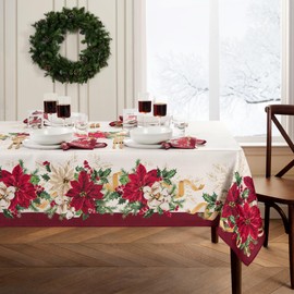 Elrene Home Fashions Poinsettia Garlands Holiday Engineered Wrinkle Resistant Tablecloth, 60"x84" Rectangle, Multi