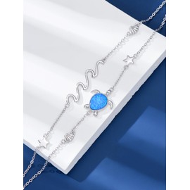Cargari Sea Turtle Bracelet Anklet for Women 925 Sterling Silver Ocean Wave Bracelet Blue Opal Beach Jewelry for Women