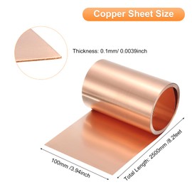 sourcing map Copper Sheet Roll 2500mm x 100mm x 0.1mm, 4" x 8.2ft 38 Gauge 99.9% Pure Copper Flashing Strip Metal Foil Plate for Electricity DIY Projects (Multiple Sizes)