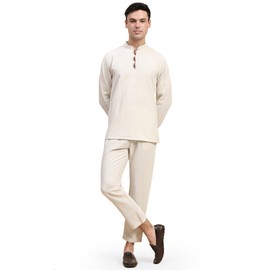 SKAVIJ Men's Handloom Cotton Solid Kurta Pajama Set Regular Fit Long Sleeves Casual Yoga Dress (KP122offwhite_Off White_XL)